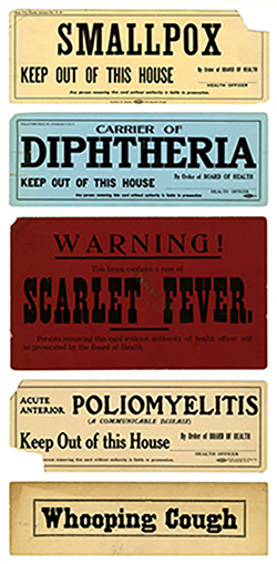 Disease quarantine signs, showing smallpox, diphtheria, scarlet fever, polio, whooping cough