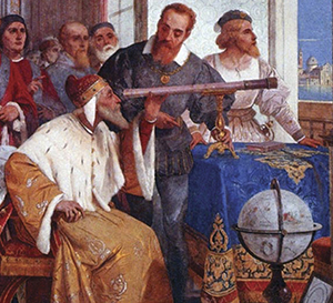 Galileo shows the Doge of Venice his telescope.